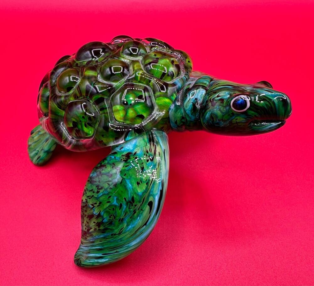 Michael Hopko Handblown Vibrant Sea Turtle Glass Sculpture Exceptional And Rare!